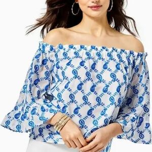 LILLY PULITZER BAHA BLUE PAISLEY EMBROIDERED SEQUIN SHIRT OFF SHOULDER ALVA XS
